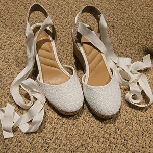 Kelly & Katie White Wedge Espadrilles with Ankle Straps